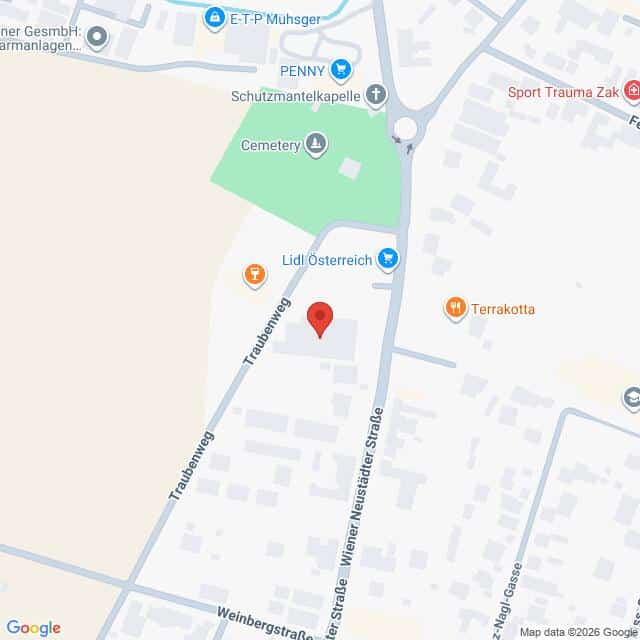 Lehrlingsportal.at Karte der Kreuzung Traubenweg und Wiener Neustädter Straße, mit markiertem Standort in der Nähe von Lidl Österreich, PENNY und einem Friedhof in einem Vorort.