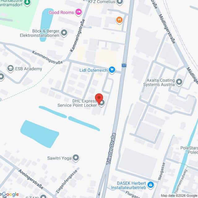 Lehrlingsportal.at Die Kartenansicht zeigt den Standort des DHL Express Service Point Locker in der Nähe der Triester Straße und von Lidl Österreich in einem Industriegebiet mit Beschriftung der umliegenden Betriebe.
