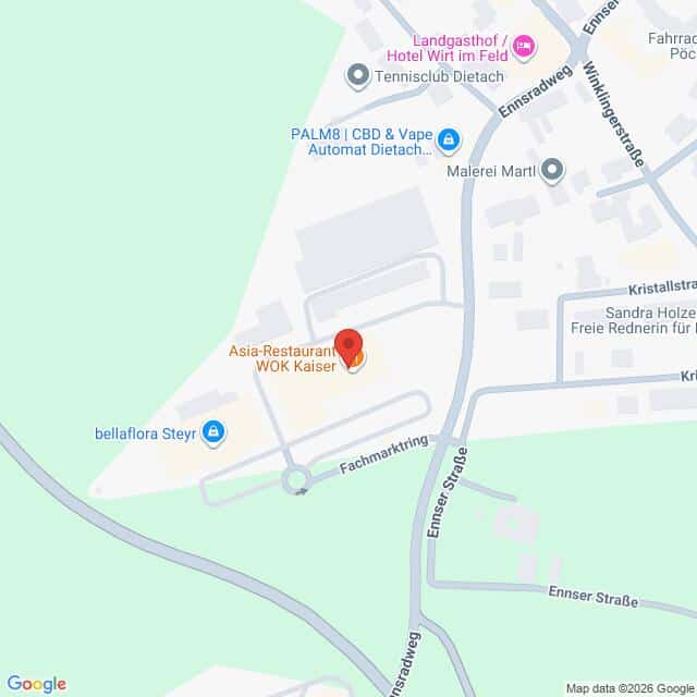 Lehrlingsportal.at Eine Karte zeigt die Lage des Asia-Restaurants WOK Kaiser am Fachmarkt Ring, nahe der Ennsstraße in Dietach, Österreich. Nahegelegene Sehenswürdigkeiten und Geschäfte sind beschriftet.