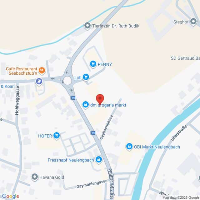 Lehrlingsportal.at Eine Karte, die die Lage von dm drogerie markt in der Seebadstraße zeigt, mit Geschäften in der Nähe wie Lidl, HOFER, PENNY und OBI Markt Neulengbach.