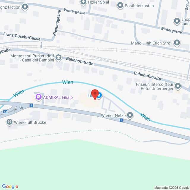 Lehrlingsportal.at Die Karte zeigt einen mit einer roten Stecknadel markierten Ort in der Nähe der Bahnhofstraße in Purkersdorf, Österreich, in der Nähe eines Flusses und mehrerer Geschäfte und Straßen.