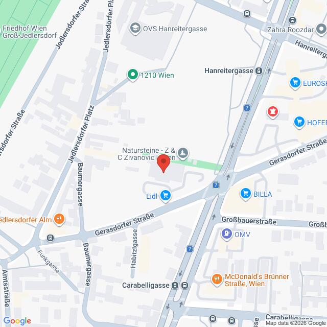 Lehrlingsportal.at Karte der Gegend um die Gersdorfer Straße in Wien, Österreich, mit eingezeichneten Wahrzeichen wie Lidl, BILLA und McDonald's.