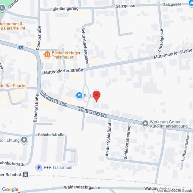 Lehrlingsportal.at Eine digitale Karte zeigt einen Ausschnitt von Traismauer, Österreich, zentriert auf der Wienerstraße, mit beschrifteten Straßen, Geschäften und Sehenswürdigkeiten in der Umgebung.