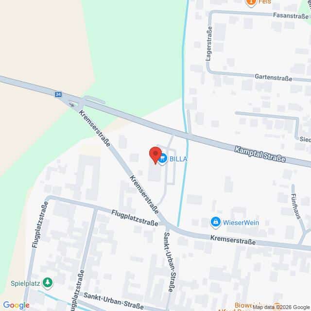 Lehrlingsportal.at Eine Karte, die die Kreuzung Kremserstraße/Kamptalstraße in einem Wohngebiet zeigt, mit einer Markierung in der Nähe eines BILLA-Supermarktes.