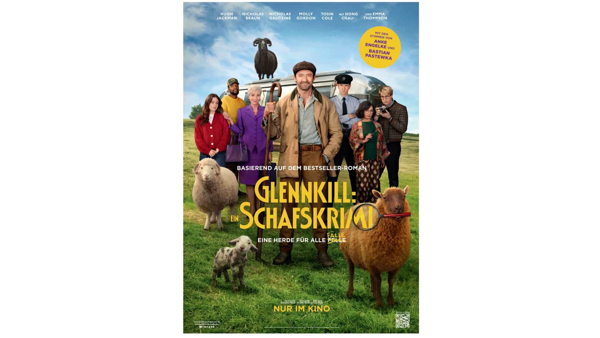 Lehrlingsportal.at Das Filmplakat für "Glennkill: Ein Schafskrimi" zeigt eine Gruppe von Menschen und mehrere Schafe, die auf einer Wiese stehen, mit einem Text in deutscher Sprache, der den Film beschreibt.