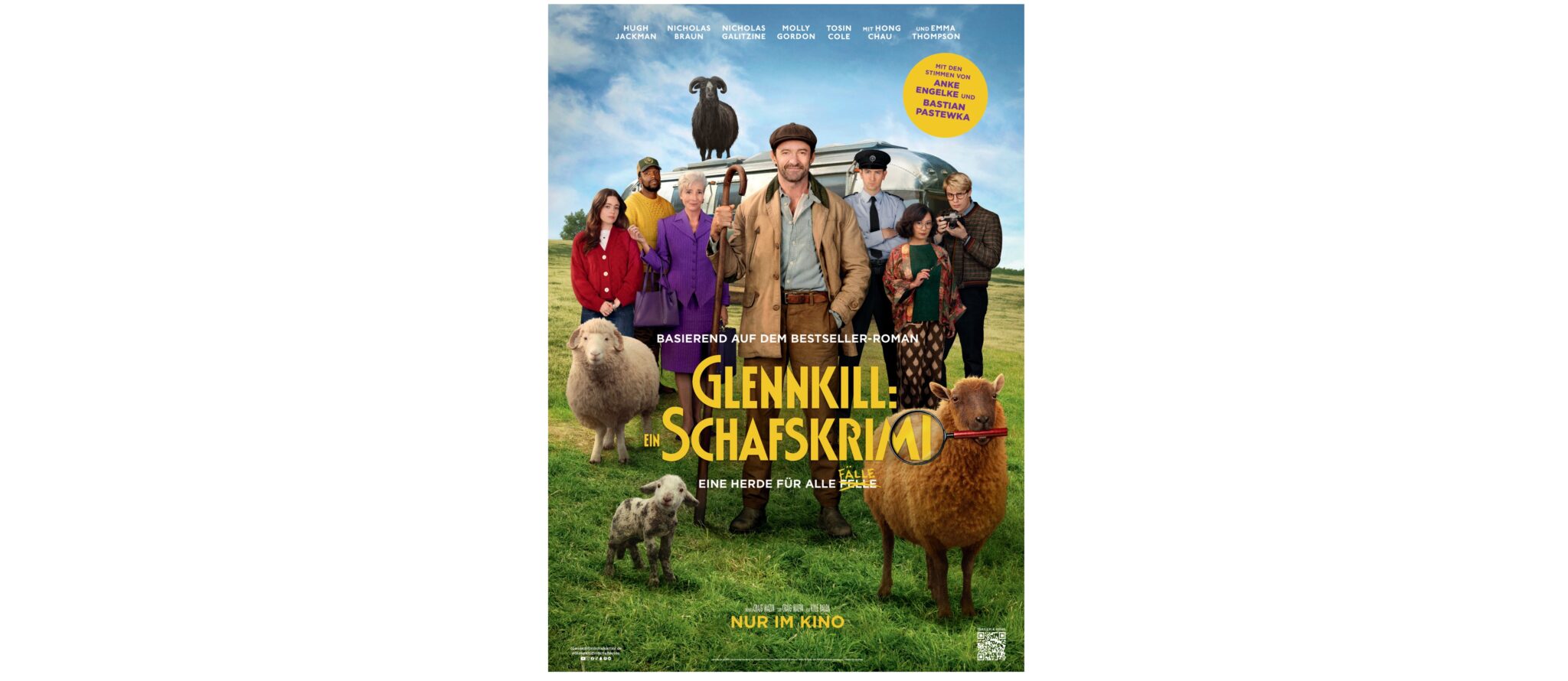 Lehrlingsportal.at Das Filmplakat für "Glennkill: Ein Schafskrimi" zeigt eine Gruppe von Menschen und mehrere Schafe, die auf einer Wiese stehen, mit einem Text in deutscher Sprache, der den Film beschreibt.