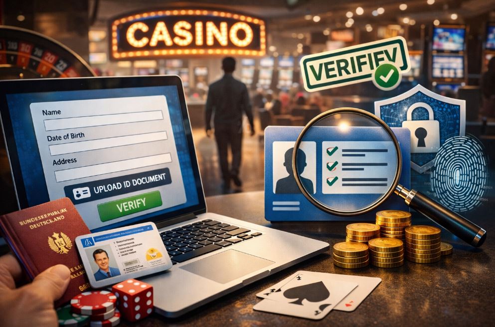 Lehrlingsportal.at Ein Laptop zeigt ein Online-Formular zur Identitätsüberprüfung an, umgeben von Ausweisdokumenten, Goldmünzen, Kasinochips und Spielkarten, mit einem Kasino im Hintergrund.
