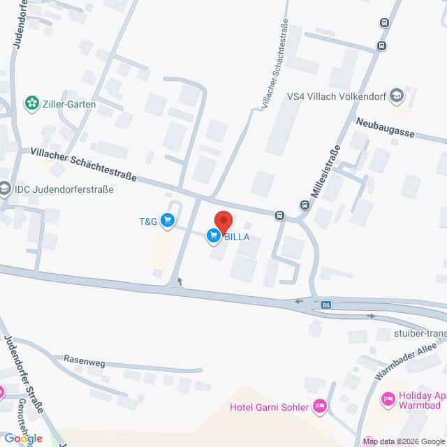 Lehrlingsportal.at Screenshot der Karte mit der Lage des BILLA-Lebensmittelgeschäfts in der Villacher Schächtestraße in Villach, Österreich, mit Beschriftung der umliegenden Straßen und Geschäfte.