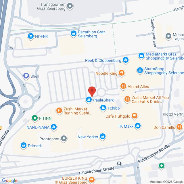 Lehrlingsportal.at Karte mit der Lage von Paul & Shark in einer Einkaufszone in der Nähe von Graz Seiersberg, mit Markierung der nahegelegenen Geschäfte, Restaurants und Parkplätze.