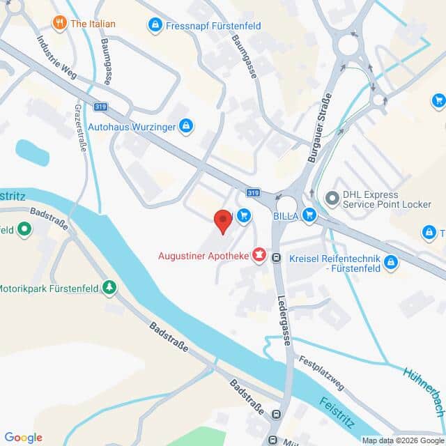 Lehrlingsportal.at Karte mit der Lage der Augustiner Apotheke in Fürstenfeld, Österreich, mit Beschriftung der umliegenden Straßen, Geschäfte und Sehenswürdigkeiten.