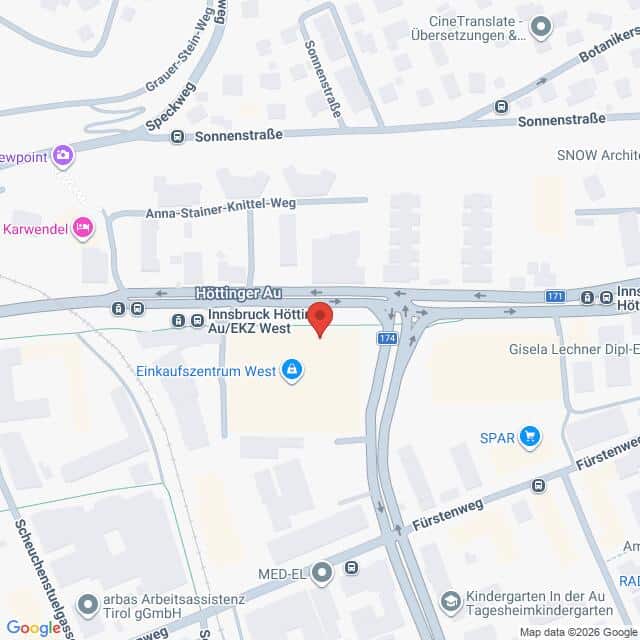 Lehrlingsportal.at Eine digitale Karte der Kreuzung Höttinger Au und Fürstenweg in Innsbruck, Österreich, mit Beschriftung der umliegenden Geschäfte und Sehenswürdigkeiten.