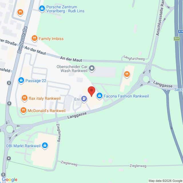 Lehrlingsportal.at Eine Karte der Umgebung von Langgasse, Rankweil, Österreich, mit Markierungen für McDonald's, Facona Fashion, Enil und anderen nahe gelegenen Geschäften und Straßen.