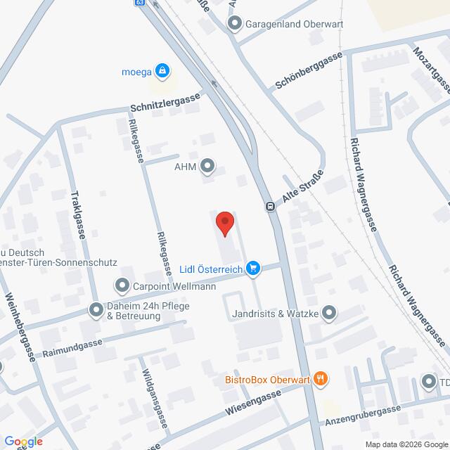 Lehrlingsportal.at Der Screenshot einer digitalen Karte zeigt eine rote Stecknadel in der Nähe von Lidl Österreich, umgeben von beschrifteten Straßen und lokalen Geschäften in einem städtischen Gebiet.