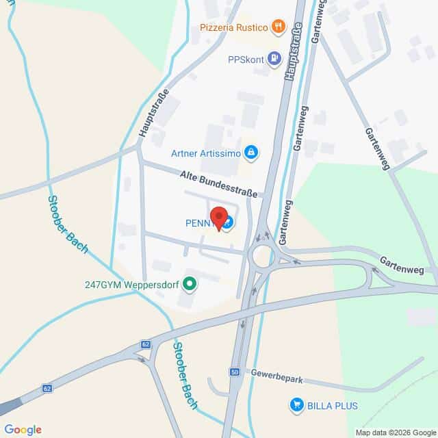 Lehrlingsportal.at Die Karte zeigt die Lage des PENNY-Supermarkts an der Alten Bundesstraße in Weppersdorf, Österreich, in der Nähe einer Autobahn und in der Nähe anderer Geschäfte wie Pizzeria Rustico und BILLA PLUS.