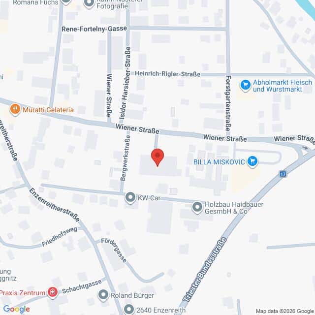 Lehrlingsportal.at Eine Karte, die die Kreuzung der Wiener Straße mit der Bergwerkstraße in Enzesfeld, Österreich, zeigt, mit Beschriftung der umliegenden Geschäfte und Straßen.