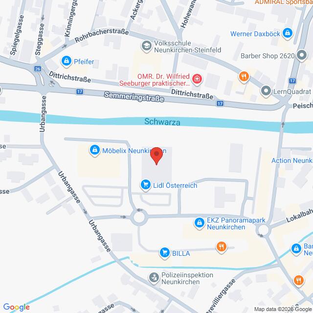 Lehrlingsportal.at Die Karte zeigt einen Ausschnitt von Neunkirchen, Österreich, und hebt Orte wie Lidl, Möbelix, BILLA, die Polizeiwache und den Fluss Schwarza hervor.