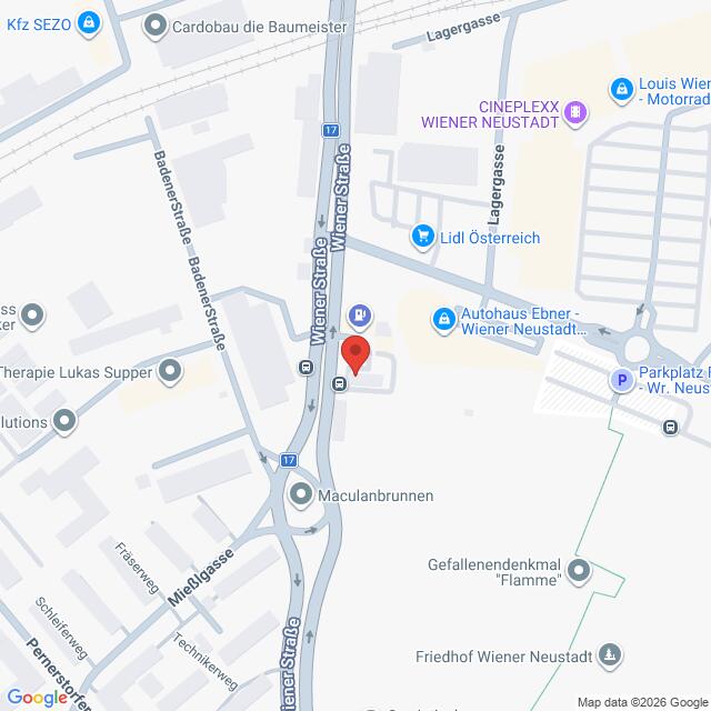 Lehrlingsportal.at Eine Karte der Umgebung der Wiener Straße 76 in Wiener Neustadt, Österreich, mit Beschriftung der umliegenden Straßen, Geschäfte und Sehenswürdigkeiten.