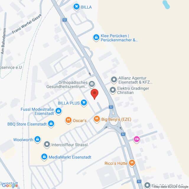Lehrlingsportal.at Karte mit einem Ausschnitt von Eisenstadt, Österreich, auf der verschiedene Geschäfte eingezeichnet sind, darunter BILLA PLUS, Oscar's, Big Benji's und MediaMarkt Eisenstadt.