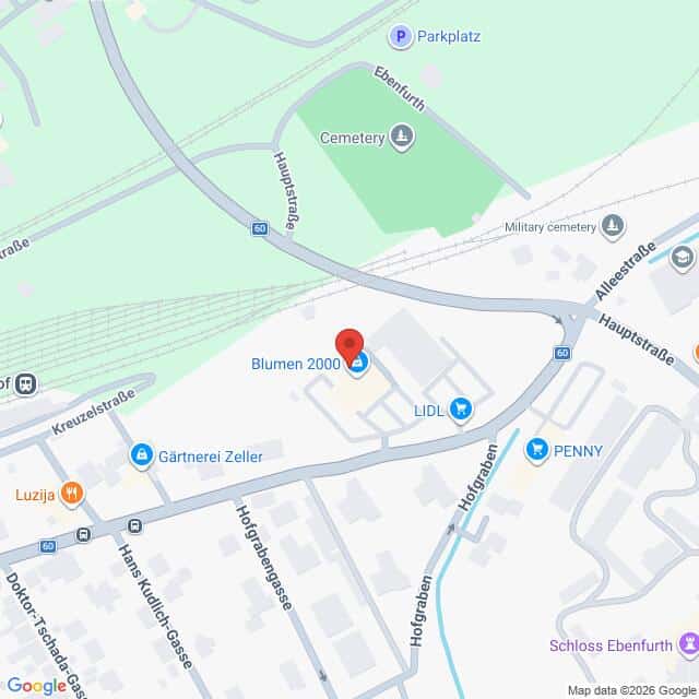 Lehrlingsportal.at Karte der Lage von Blumen 2000 in der Nähe der Hauptstraße in Ebenfurth, Österreich, mit nahegelegenen Sehenswürdigkeiten wie LIDL, PENNY, einem Friedhof und dem Schloss Ebenfurth.