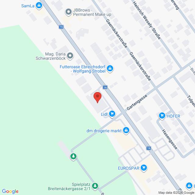 Lehrlingsportal.at Karte mit einem Ausschnitt von Ebreichsdorf, Österreich, mit Standorten von Geschäften wie Lidl, dm drogerie markt und EUROSPAR, sowie lokalen Straßen und Sehenswürdigkeiten in der Nähe.