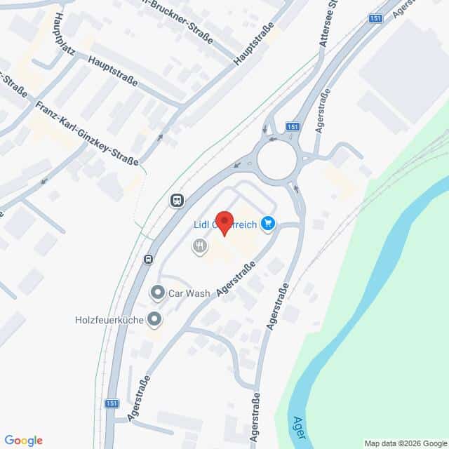 Lehrlingsportal.at Eine Karte, die den Standort eines Lidl-Supermarkts in der Nähe der Agerstraße und der Tegernauer Straße zeigt, in der Nähe des Flusses Ager in einem städtischen Gebiet.