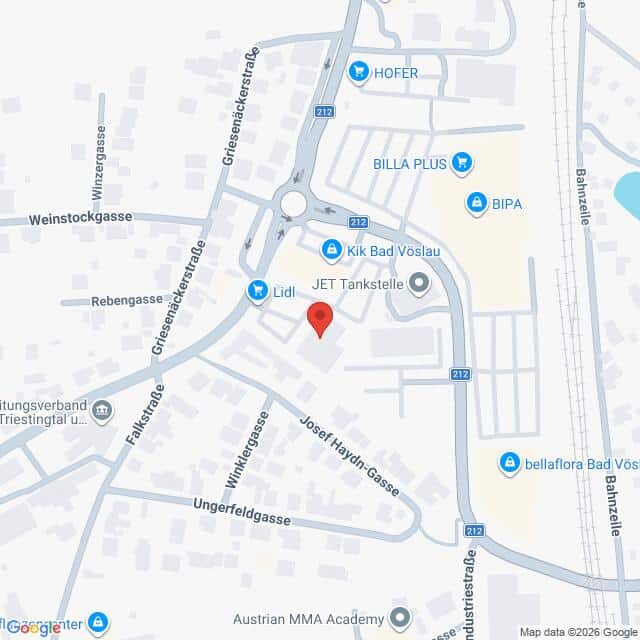 Lehrlingsportal.at Eine digitale Karte zeigt ein kleines Stadtgebiet in Bad Vöslau, Österreich, mit Straßen, Geschäften und einer zentralen roten Standortmarkierung.