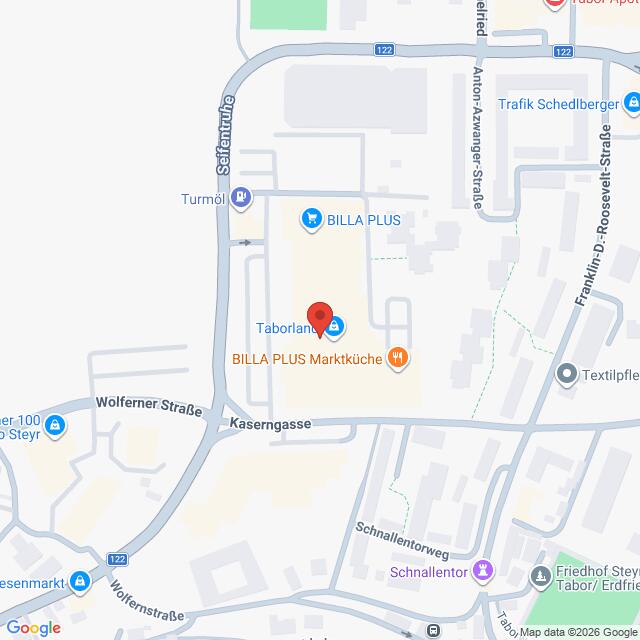 Lehrlingsportal.at Karte mit der Lage von BILLA PLUS in der Kasernengasse in Steyr, Österreich, mit Markierung der umliegenden Straßen und Sehenswürdigkeiten.