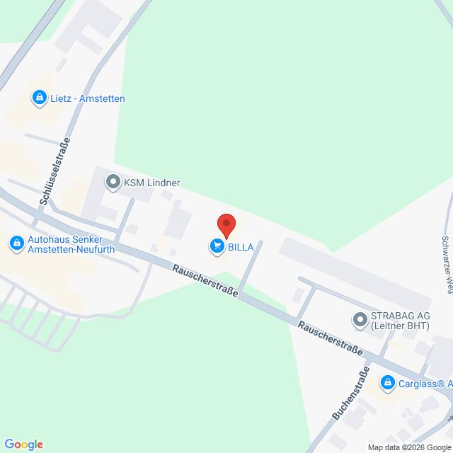 Lehrlingsportal.at Karte mit der Lage von BILLA in der Rauscherstraße, Amstetten, mit Beschriftung der umliegenden Geschäfte und Straßen.