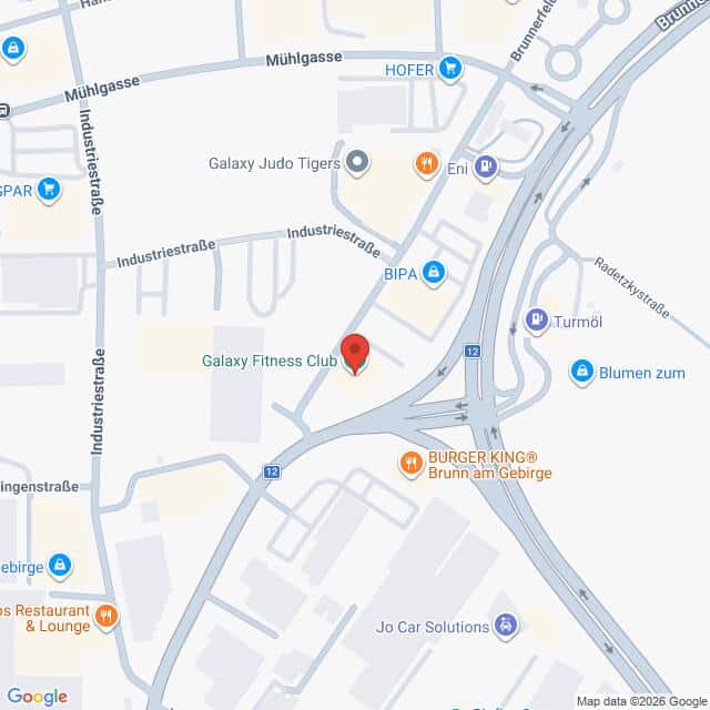 Lehrlingsportal.at Eine Karte, die die Lage des Galaxy Fitness Clubs in der Nähe des Industriegeländes und Brunn am Gebirge zeigt, mit nahe gelegenen Sehenswürdigkeiten wie Burger King, BIPA und einer Tankstelle.