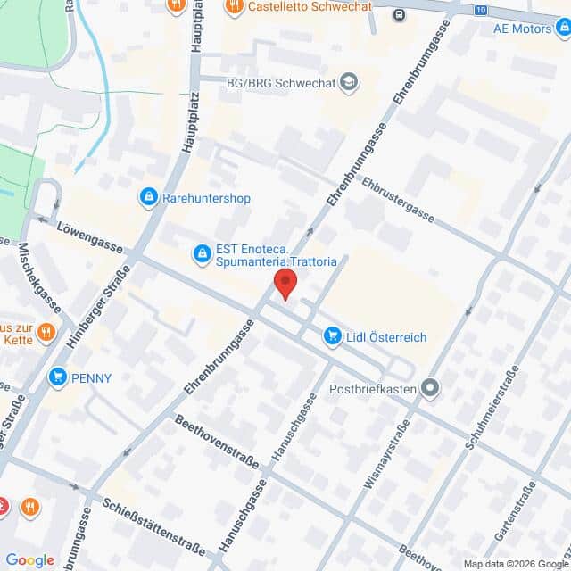 Lehrlingsportal.at Karte der Kreuzung von Emmerzhoferstraße und Ehrbarstraße in Schwechat, Österreich, mit Beschriftung der umliegenden Geschäfte und Straßen.