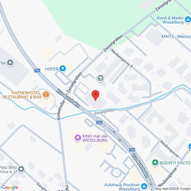 Lehrlingsportal.at Karte mit markiertem Standort in der Nähe der Straßen Zeiselgraben und Zur Autobahn in Wieselburg, Österreich, mit Angabe der nahe gelegenen Geschäfte und Sehenswürdigkeiten.