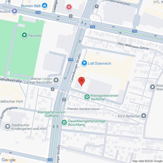 Lehrlingsportal.at Karte mit der Lage von Lidl Österreich in der Leberstraße in Wien, Österreich, mit Beschriftung der umliegenden Straßen und Sehenswürdigkeiten.