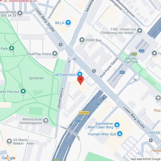 Lehrlingsportal.at Eine Karte, die die Lage von Lidl Österreich in der Nähe von Absberggasse, Monte Laa Park und nahegelegenen Geschäften und Straßen in Wien zeigt.