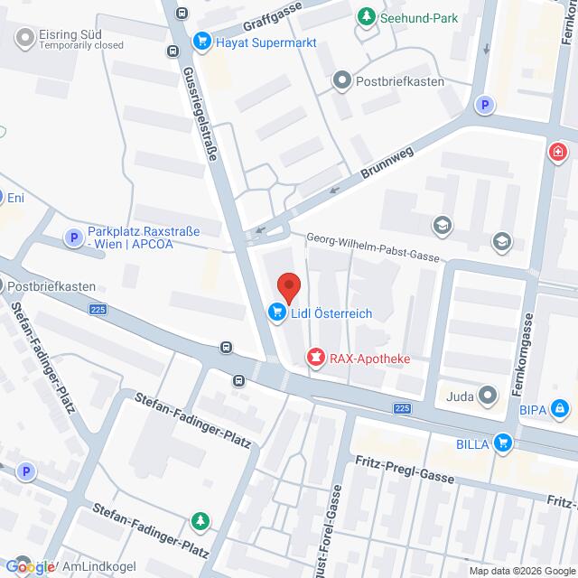 Lehrlingsportal.at Eine Karte, die den Standort von Lidl Österreich und RAX-Apotheke an der Kreuzung Raxstraße und Georg-Wilhelm-Pabst-Gasse in Wien, Österreich, zeigt.