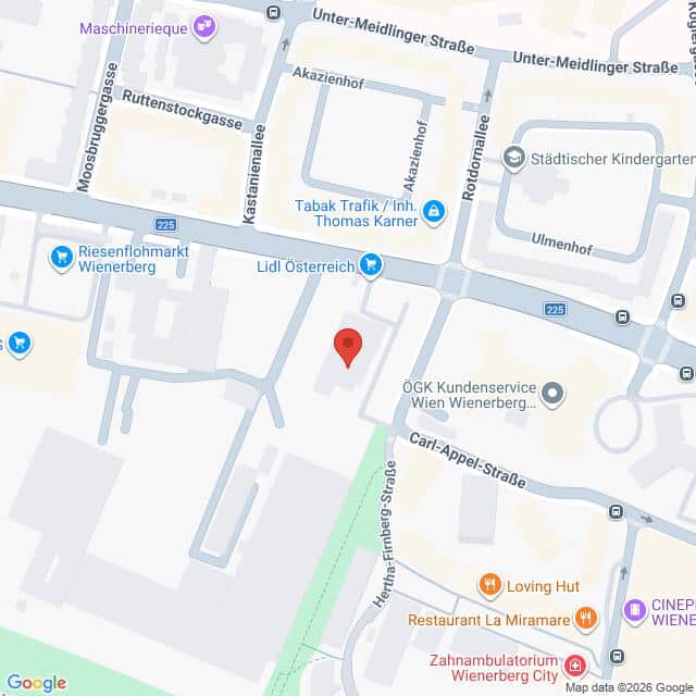 Lehrlingsportal.at Kartenansicht mit der Lage von Lidl Österreich am Riesenflohmarkt Wienerberg, in der Nähe von Carl-Appel-Straße und Meidlinger Hauptstraße in Wien, Österreich.
