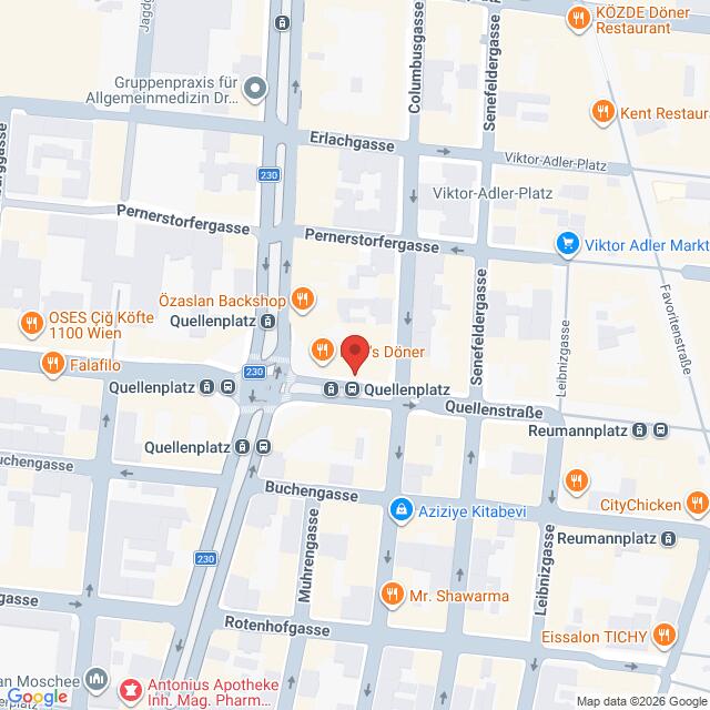 Lehrlingsportal.at Karte der Kreuzung Quellenplatz in Wien, Österreich, mit nahegelegenen Straßen, Geschäften und Lokalen, markiert mit beschrifteten Symbolen.