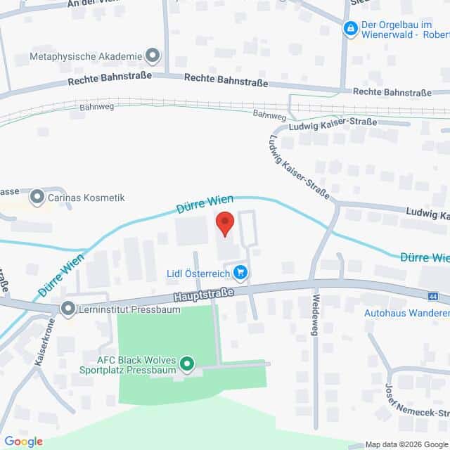 Lehrlingsportal.at Eine digitale Karte, die auf Lidl Österreich in der Nähe der Hauptstraße zentriert ist und nahegelegene Straßen, Geschäfte, einen Bach namens Dürre Wien und lokale Wahrzeichen zeigt.