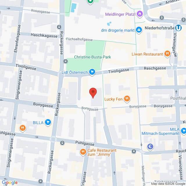 Lehrlingsportal.at Karte mit einem Ausschnitt von Wien, Österreich, in der Mitte der Bonygasse, mit nahe gelegenen Sehenswürdigkeiten wie Lidl, BILLA und verschiedenen Restaurants.