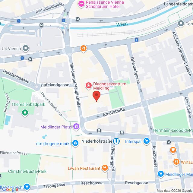 Lehrlingsportal.at Die Karte zeigt die Lage des Diagnosezentrums Meidling in Wien, Österreich, nahe der Kreuzung Meidlinger Hauptstraße und Arndtstraße. Nahegelegene Wahrzeichen und Straßen sind eingezeichnet.