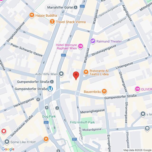 Lehrlingsportal.at Karte der Gegend um die Gumpendorfer Straße, Wien, mit eingezeichneten Sehenswürdigkeiten, Restaurants, Hotels und Transportmöglichkeiten.