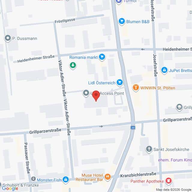 Lehrlingsportal.at Eine Straßenkartenansicht, die das Gebiet um die Grillparzerstraße und die Viktor-Adler-Straße zeigt, mit verschiedenen Geschäften und Sehenswürdigkeiten, die beschriftet sind.