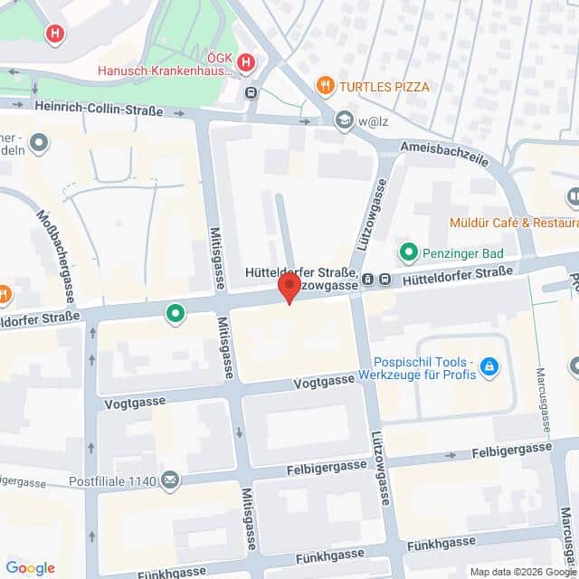 Lehrlingsportal.at Eine Karte, die die Kreuzung der Hütteldorfer Straße und der Zwölfgasse in Wien, Österreich, zeigt, mit Beschriftung der umliegenden Geschäfte und Straßen.