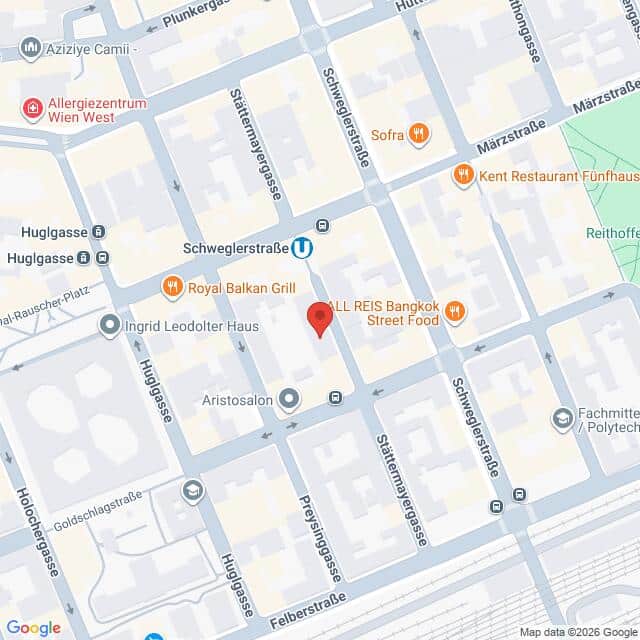 Lehrlingsportal.at Karte eines Teils von Wien mit Straßen, Geschäften, einer U-Bahn-Station (Schweglerstraße U) und durch Symbole und Beschriftungen markierten Sehenswürdigkeiten.