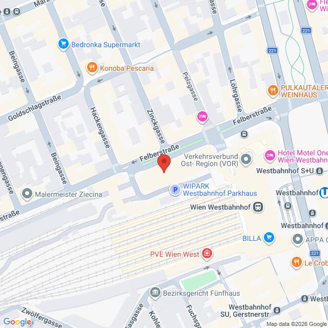 Lehrlingsportal.at Karte der Umgebung von Wien Westbahnhof in Wien, Österreich, mit hervorgehobenen Straßen, Geschäften und Verkehrssymbolen in der Nähe.