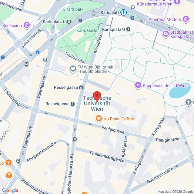 Lehrlingsportal.at Karte mit der Lage der Technischen Universität Wien in Wien, Österreich, mit Beschriftung der umliegenden Straßen und Sehenswürdigkeiten.