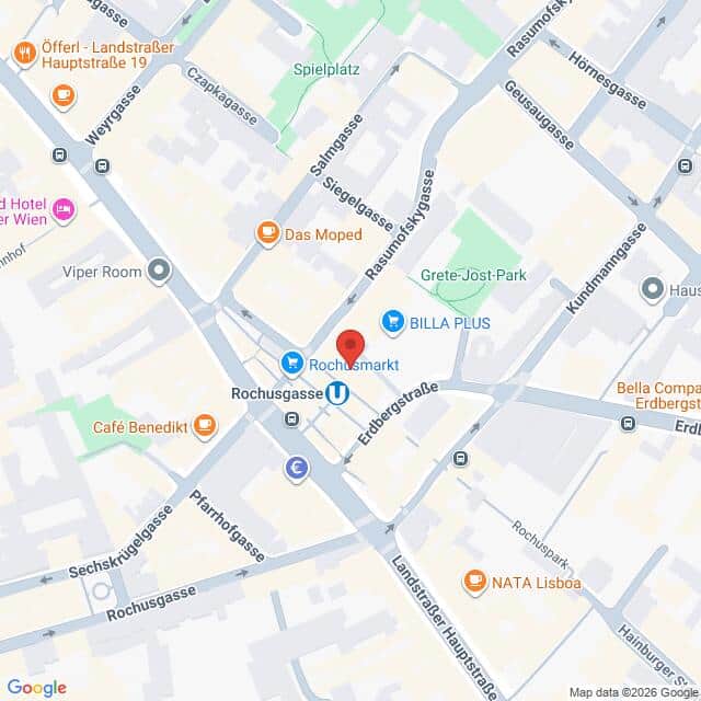 Lehrlingsportal.at Karte der Gegend um den Rochusmarkt in Wien, Österreich, mit nahegelegenen Straßen, Geschäften, Cafés, einem Park und Verkehrssymbolen. Rochusmarkt ist mit einer roten Stecknadel in der Mitte markiert.