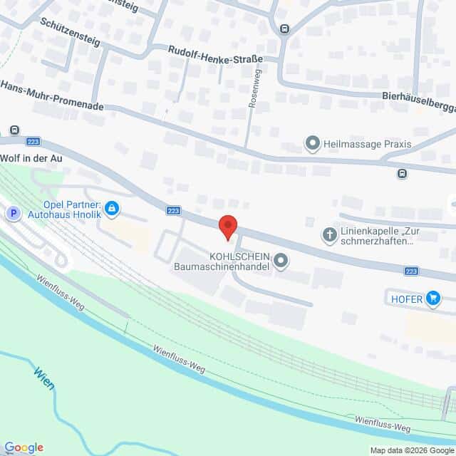Lehrlingsportal.at Karte mit der Lage von Kohlschein Baumaschinenhandel in der Nähe von Wienfluss-Weg und Achauerstraße, mit nahe gelegenen Geschäften und Straßen in einem Wohngebiet.