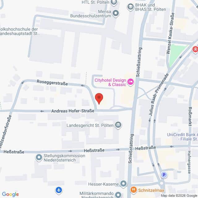 Lehrlingsportal.at Eine Karte, die die Lage der Andreas Hofer-Straße in St. Pölten, Österreich, zeigt, mit Beschriftung der nahe gelegenen Straßen und Sehenswürdigkeiten.