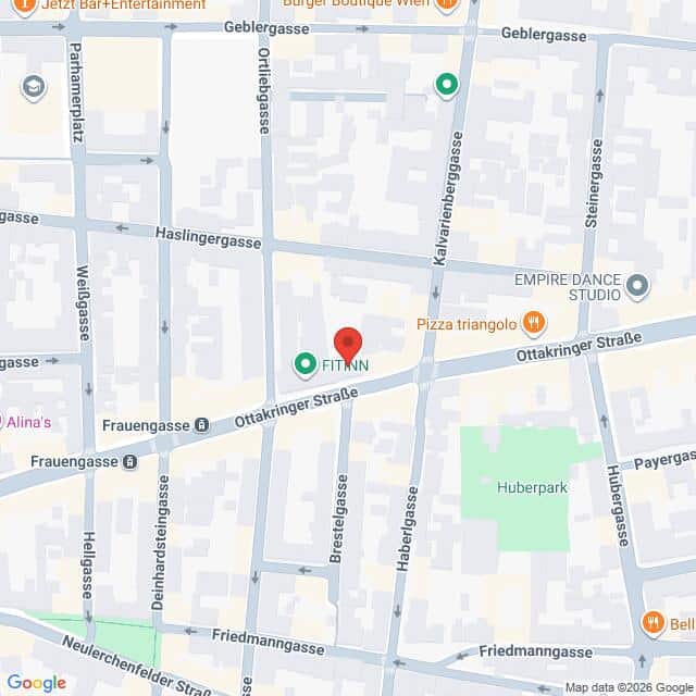 Lehrlingsportal.at Eine Karte mit Straßen und Geschäften in der Nähe der Ottakringer Straße in Wien, Österreich, mit einem roten Standortpin, der auf das Fitnessstudio FITINN zentriert ist.