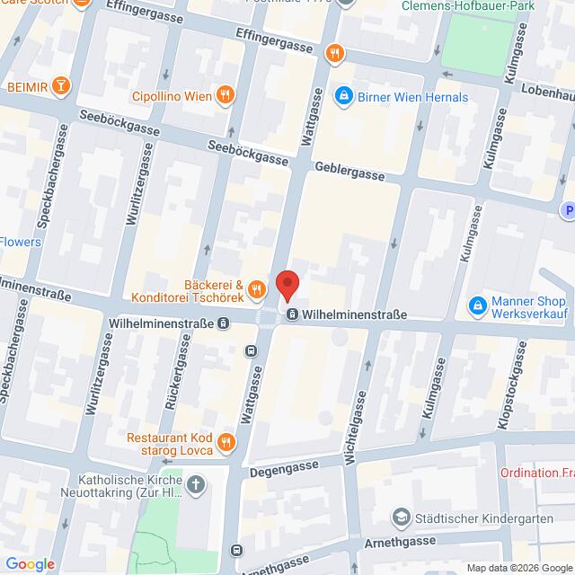 Lehrlingsportal.at Karte der Kreuzung Wilhelminenstraße und Ruckergasse in Wien, Österreich, mit Beschriftung der umliegenden Geschäfte und Straßen.